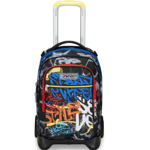 SEVEN JACK TROLLEY 2 RUOTE 3 IN 1 ZAINO IN POLIESTERE CON CARRELLO SGANCIABILE TASCA FRONTALE E TASCA BORRACCIA CROSSOVER SYSTEM NERO GIALLO MARK ON BOY